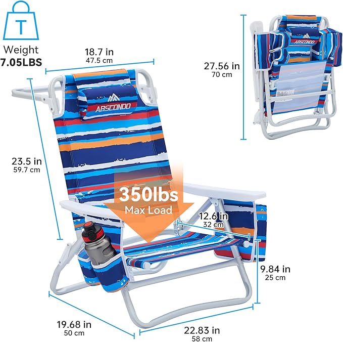 Beach Chair Beach Chairs for Adults 2 Pack Outdoor Folding Beach Chairs for Adults Supports up to 350lbs with 5 Positions Towel bar Cooler Pouch Storage Pouch.
