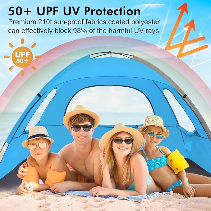 WhiteFang Beach Tent Anti-UV Portable Sun Shade Shelter for 3/4/6/8 Person Extendable Floor with 3 Ventilating Mesh Windows Plus Carrying Bag Stakes and Guy Lines