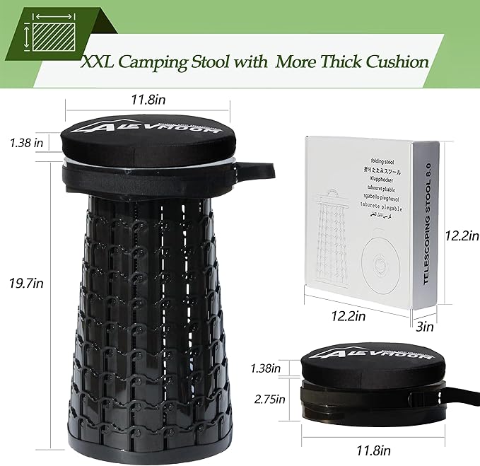 ALEVMOOM Upgraded XXL Collapsilbe Stool with Thick CushionMore Sturdy and Height 19.7“D11.8”Portable and Lightweight Adjustable Telescoping Stool for Camping Hiking BBQ Max Loading 1000Ibs