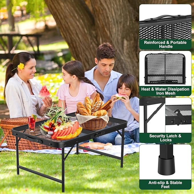Camping Table with Mesh Desktop Height Adjustable Outdoor Folding Table Lightweight Metal Grill Table for Camping Picnic BBQ Beach Party RV