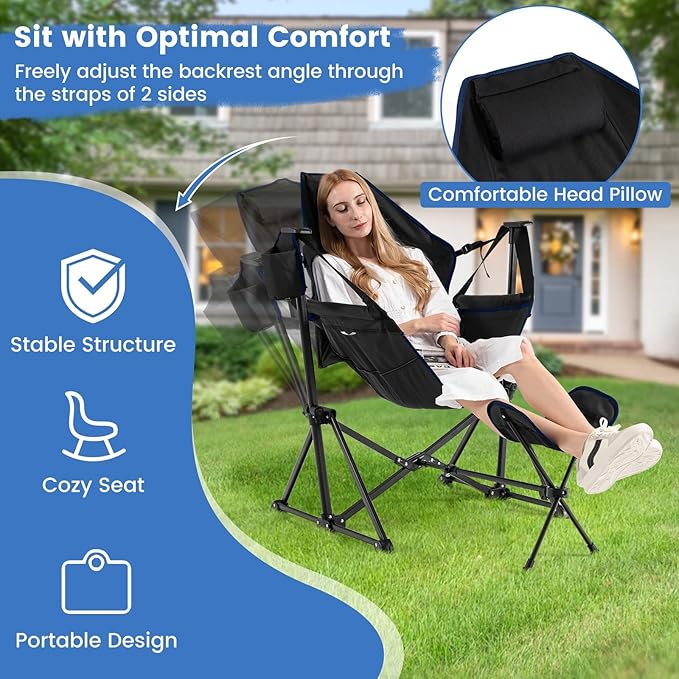 DORTALA Swinging Hammock Chairs for Camping Rocking Camp Chair w/Retractable Footrest Folding Camping Chair for Adults Great for Camping Fishing Picnic Carrying Bag Included Pack of 1 Black