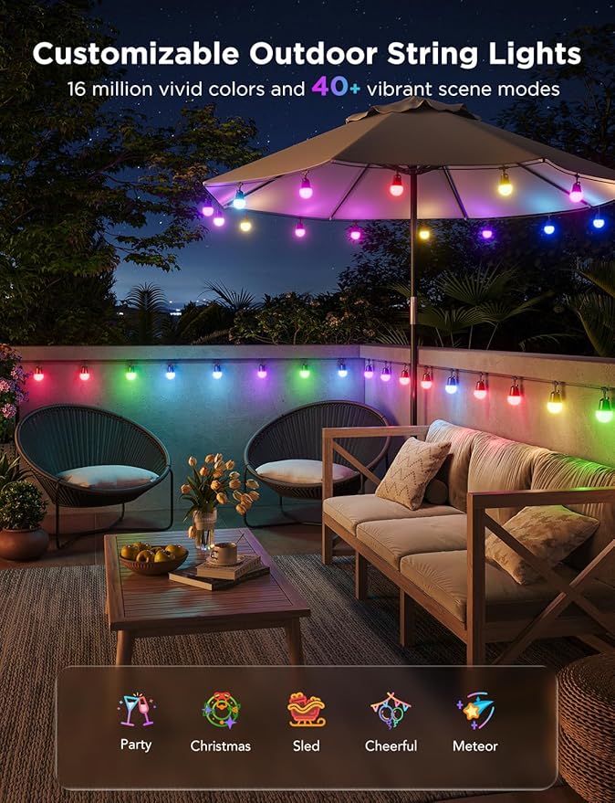 Govee Smart Outdoor String Lights 2 144ft Outdoor Lights with Dimmable Warm White LED Bulbs 47 Scene Modes for Patio Backyard Balcony IP65 Waterproof Works with Alexa App Control