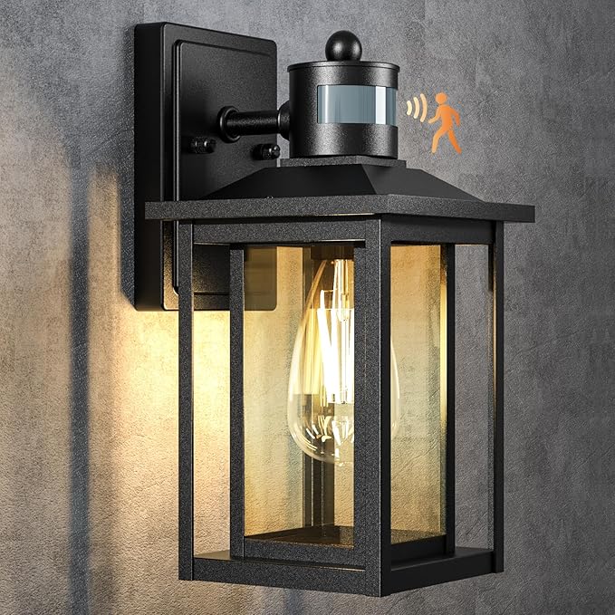 LTBLIGHT Motion Sensor Outdoor Wall Light 4-Modes Black Dusk to Dawn Lighting Fixture Waterproof Exterior Wall Mount Porch Lights for House Entry Backyard Patio 120V