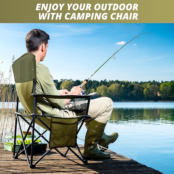 Folding Outdoor Beach Camp Chair with Cup Holder Storage Pocket Waterproof Bag Outdoor Arm Chair Supports 225LBS Green
