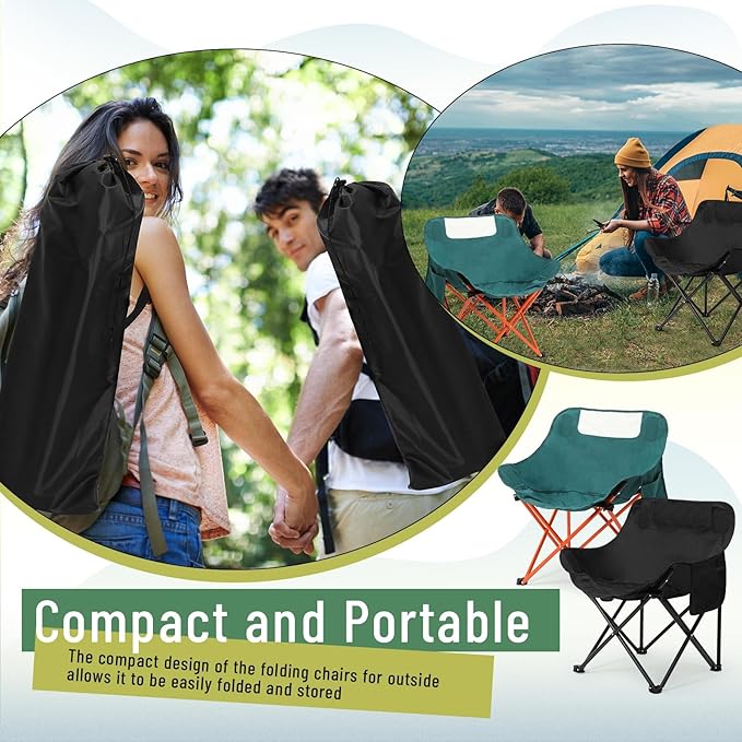 2 Pack Compact Camping Chairs Portable Folding for Outside with Carry Bag Lightweight Moon Chairs for Travel Picnic Hiking Beach Fishing 600D Oxford Supports 330lbs(Green Black)