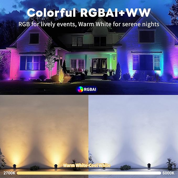 Outdoor Smart Spotlight RGB Color Changing Landscape Lighting 300LM Low Voltage IP65 Waterproof LED Black Aluminum Uplights Decorative for House Yard Garden Halloween