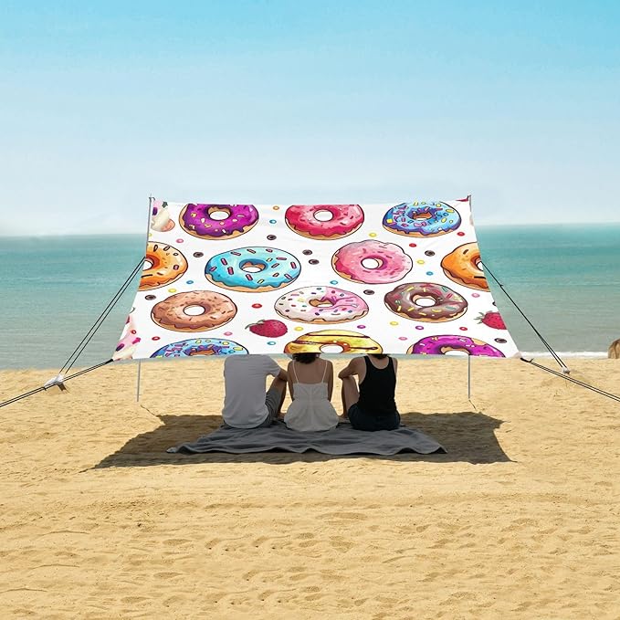 Donuts Pattern Beach Tent Sun Shelter 9.2' x 10.5' Beach Canopy with 4 Sandbags 4 Stability Poles Sand Shovels - Tent Canopy for Beach Camping Fishing Picnics
