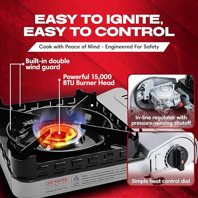 Chef Master 15000 BTU Butane Portable Camp Stove | Double Wind-Guard Portable Stove Burner w/Piezo Click Ignition for Emergencies Tailgating Hiking Backpacking &amp Camping Essentials - 90019