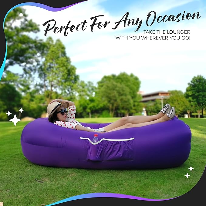 Nevlers Purple Inflatable Lounger | 210T Polyester Air Sofa | No-Pump Blow Up Couch | Compact Lounger Inflatable Couch w/ 450lbs. Cap. Pockets &amp Matching Bag | Use as Camp Chairs for Adults &amp