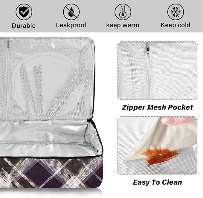 Casserole Carrier Print Purple Brown Tartan Plaid Insulated Casserole Carrier for Hot or Cold Food Thermal Lunch Tote for Parties Picnic Travel Carry Bag