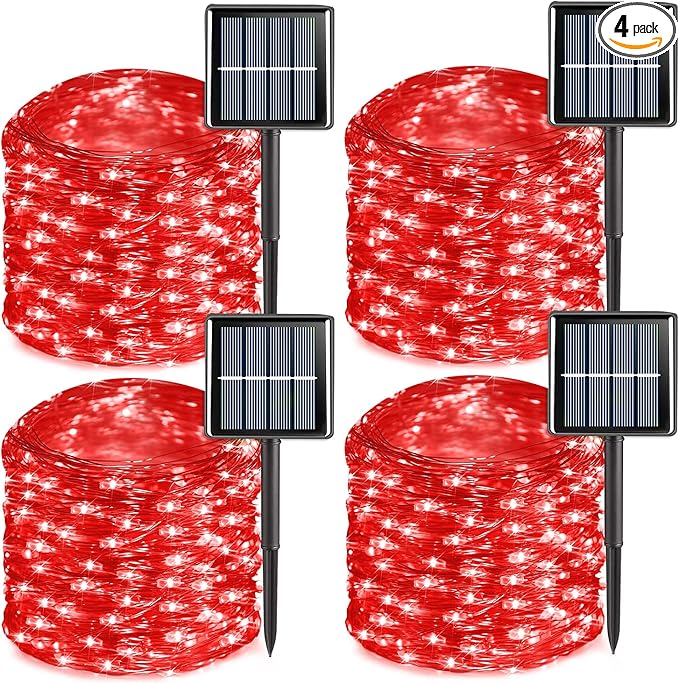 YEGUO 4 Pack Red Solar Fairy Lights Each 33ft 100 LED Valentines Lights Outdoor Waterproof 8 Modes Sliver Wire Solar Christmas String Lights