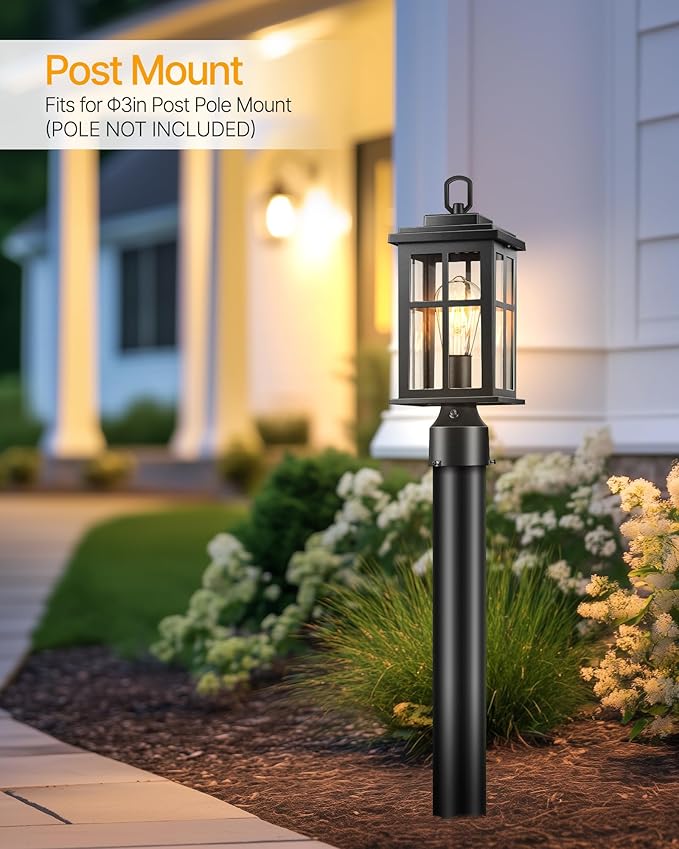 2 Pack Outdoor Post Lights Black Dusk to Dawn Post Lights Outside Waterproof Outdoor Column Lantern for House Garden Doorawy Backyard 100% Aluminum