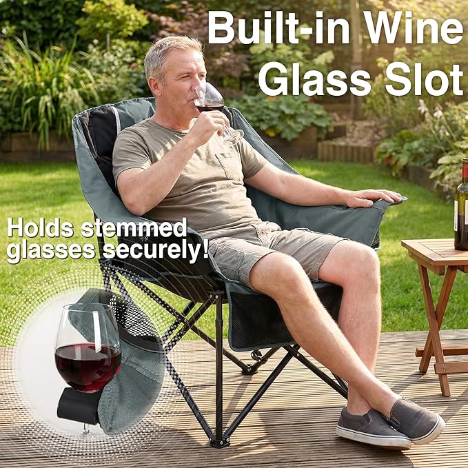 Oversized Camping Chair for Adults - Heavy Duty 400 lbs Padded Folding Chair with Wine Glass Holder 2 Cup Holders &amp Side Pockets Portable Carry Bag for RV Tailgating Lawn