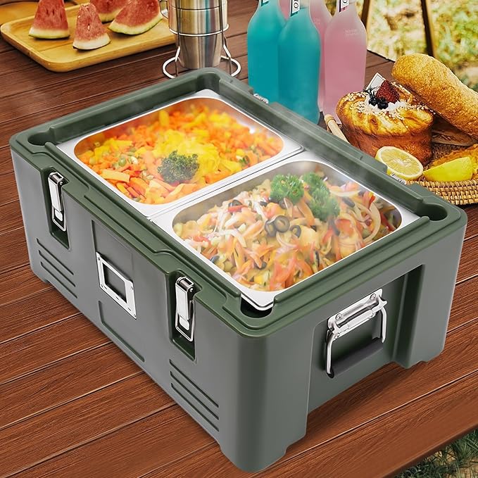 Insulated Food Pan Carrier Box with 2 Food Pans 31.7Qt Hot Cold Storage Container for Catering Camping Outdoor Picnics Green