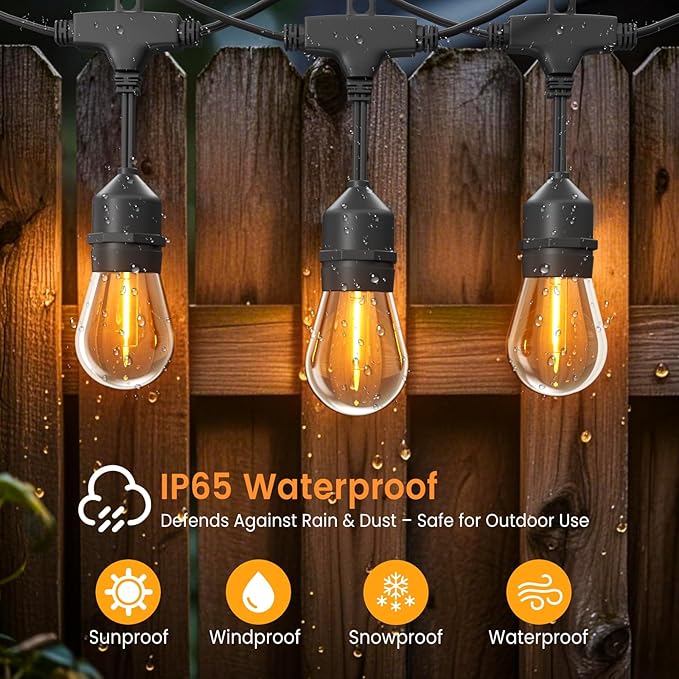 48ft Outdoor String Lights with Remote &amp Dimmer24+2 Commercial Grade IP65 Waterproof Bulbs 2700K Warm White3 Lighting Modes &amp TimerIncludes 30 Cable Ties for PatioGarden Party