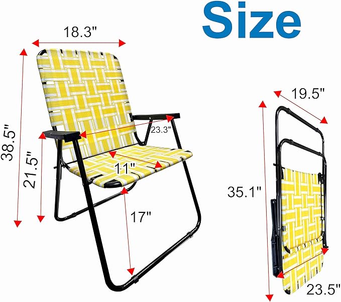 Lawn Chair Folding Steel Webbing Chaise Patio Lounger Seat Wood Handles Great for Camping Beach Fishing Backyard Stadium Pool Boating and Sports 1 Pack Yellow Stripes