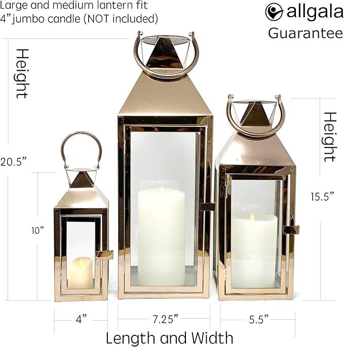 Allgala 3-PC Lantern Set 24 Inch Jumbo Deluxe Modern Indoor/Outdoor Candle Lantern Set Rose Gold Stainless Steel Frame Tempered Glass Pyramid Top for Garden Poolside Fireplace Wedding