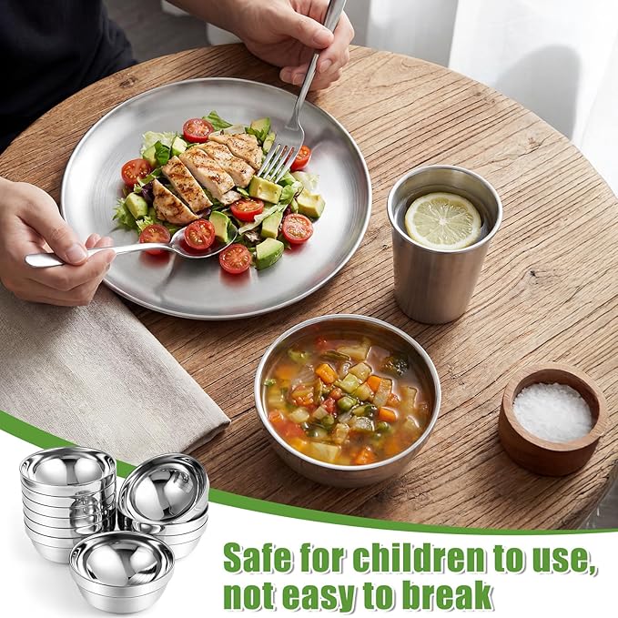 Sunnyray 10 Sets Stainless Steel Plates Bowls and Cups Metal Camping Stainless Steel Dinnerware for Serving Reusable Double Walled Insulated Plates Bowls and Cups for Rice Ice Cream