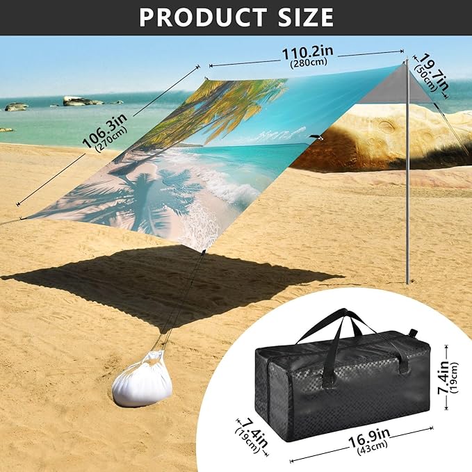 Beach with Palm Trees Beach Tent Sun Shelter 9.2' x 10.5' Beach Canopy with 4 Sandbags 4 Stability Poles Sand Shovels - Tent Canopy for Beach Camping Fishing Picnics