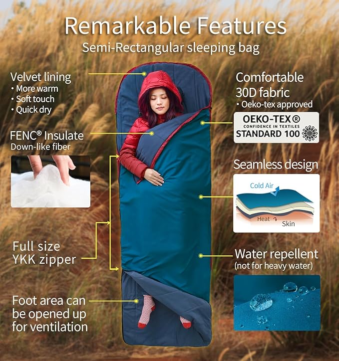 Litume Compact Velvet Lined Sleeping Bag Lightweight Three Season Sleeping Bag Water Repelling Sack for Warm and Cold Weather Comfortable Backpacking Hiking Camping Traveling