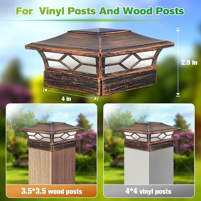 Solar Post Cap Lights Outdoor 6pack Waterproof Solar Powered Deck Fence Post Lights for 4x4 Wood/Vinyl Posts Solar Outdoor LED Light with Cool/Warm Lighting Decorate Garden Patio Porch…