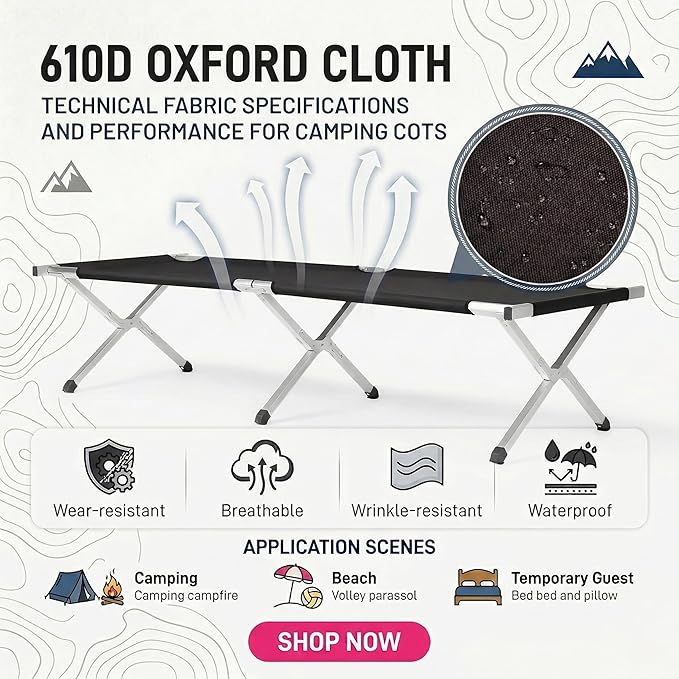 Portable Folding Camping Cot for Adults Heavy Duty Outdoor Sleeping Bed with 610D Oxford Cloth &amp Carry Bag Lightweight Aluminum Frame Supports 275lbs for Hiking Travel Office Nap (Black)