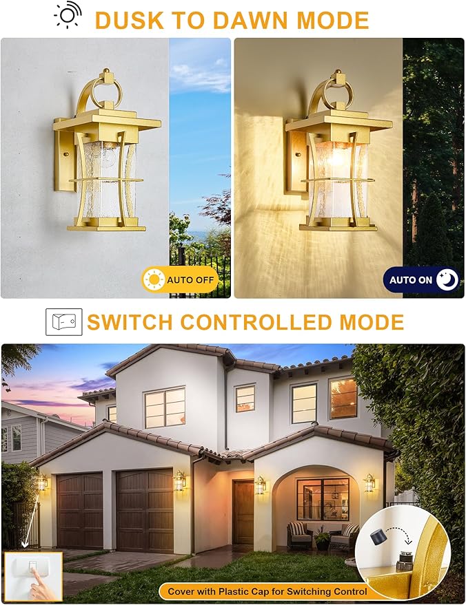 Gold Dusk to Dawn Outdoor Wall Lantern Exterior Light Fixtures Wall Mount Porch Light with Photocell Sensor Waterproof Outside Sconce for House Patio GarageSeeded Glass Outside Wall Lamps