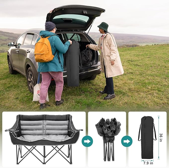 Slsy Oversized Double Camping Chair Folding 2 Person Camping Chair Loveseat Fully Padded Duo Chair Camping Couch Fold Up Double Camp Chair Lawn Chairs Camping Bench with Carrying Bag