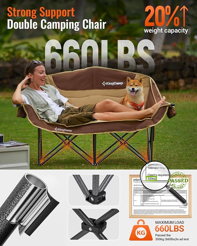 KingCamp Double Camping Chair Oversized 660lbs Heavy Duty Loveseat for Adults Portable Folding XL 2 Person Couch Padded Comfortable Two Seat with Cup Holder for Outdoor Lawn Backyard Khaki/Coffee
