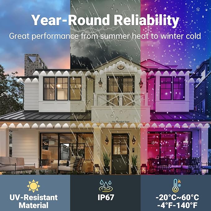 150FT Permanent Smart RGB LED Eaves Outside Lights Music Sync Timing Function Remote Control and IP67 Waterproof LED Outdoor String Lights for All Holiday