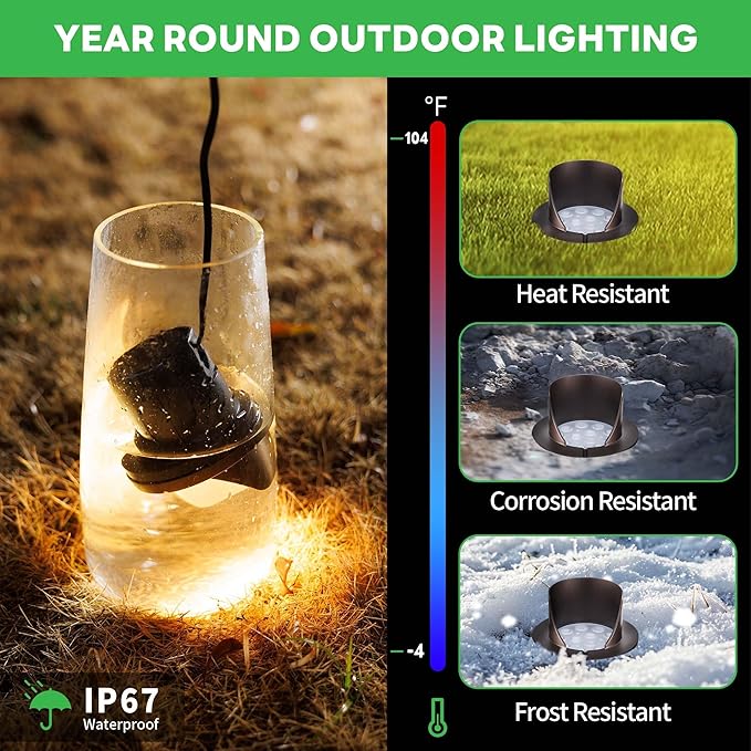 Low Voltage Landscape Well Lights Outdoor LED In-Ground Lights Warm White 3000K 12V IP67 Waterproof Hood Top Aluminum ORB Uplighting for Trees 420LM 12 Pack
