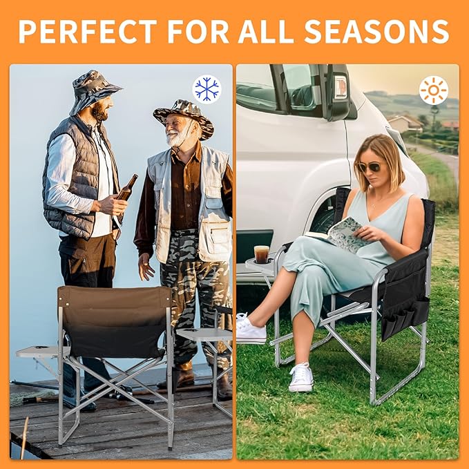 MOPHOTO Heated Camping Chair Portable Directors Chair with 3 Heat Levels Outdoor Heating Folding Camp Chairs with Side Table Pocket for Camping Fishing Picnic Lawn