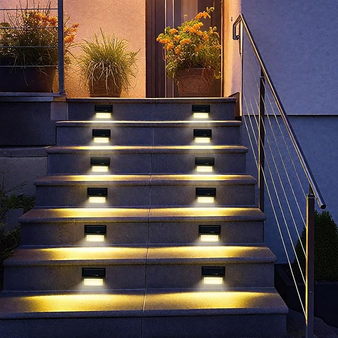 Bright Solar Fence Lights 12 Pack Outdoor Step Lights IP65 Waterproof 3000K Warm-White Dusk to Dawn Outdoor Lighting with 6 LED for Wall Garage Patio Exterior Porch