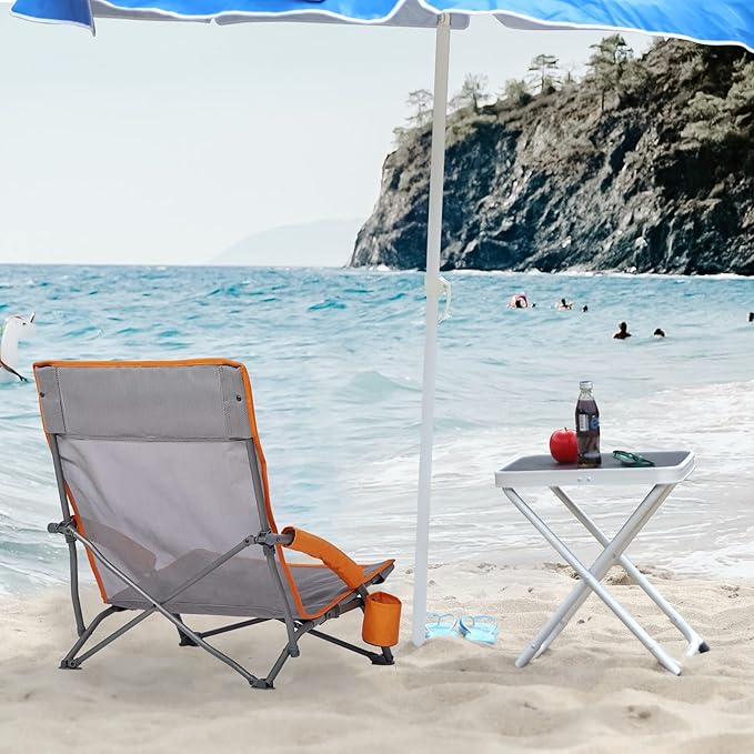 Portal Beach Chairs for Adults Camping Low Lightweight Portable Chair with Cup Holder Mesh Back Carry Bag for Outdoor Sand Lawn Travel Picnic Festival Concert
