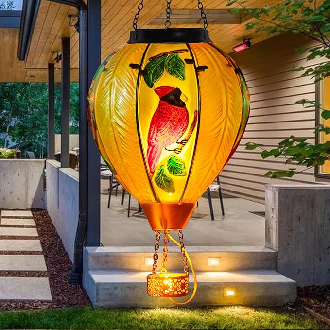 Large Hot Air Balloon Cardinal Solar Lantern Lights with Flame Green Glass Balloon Lantern Waterproof Outdoor Decor for Garden Yard Patio Birthday Mother's Day Gifts for Moms Women