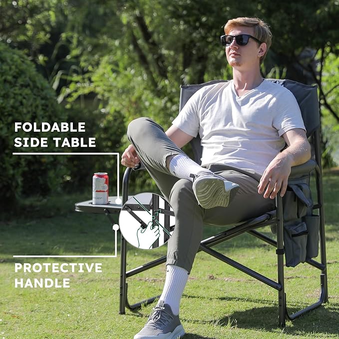 Oversized Directors Camping Chair Support 600 LBS Heavy Duty Folding Outdoor Chairs with Detachable Side Pocket and Adjustable Side Table for Outside BeachLawnFishing (Green)