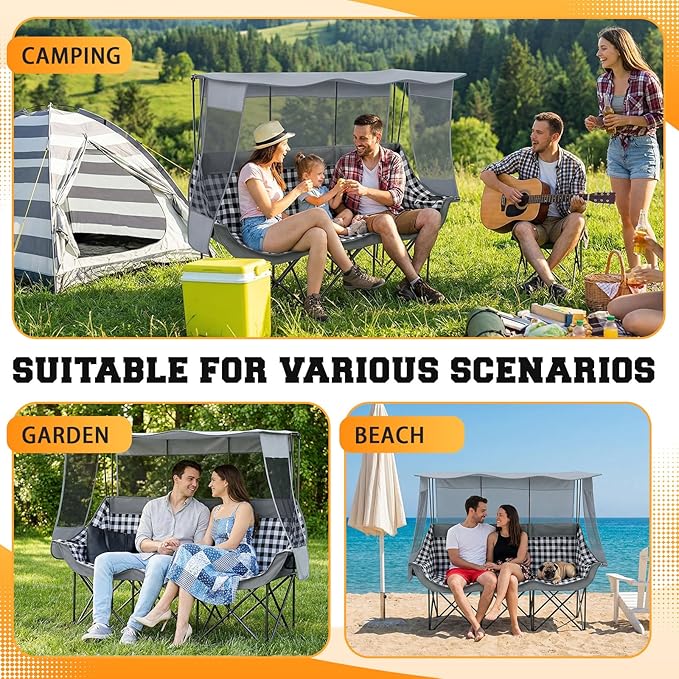3 Person Camping Chair with Canopy Shade 700lbs Heavy Duty Oversized Beach Camping Chair with Thick Cushion Cup Holder and Carry Bag Foldable Portable Sofa for Lawn Beach Outdoor(Gray)