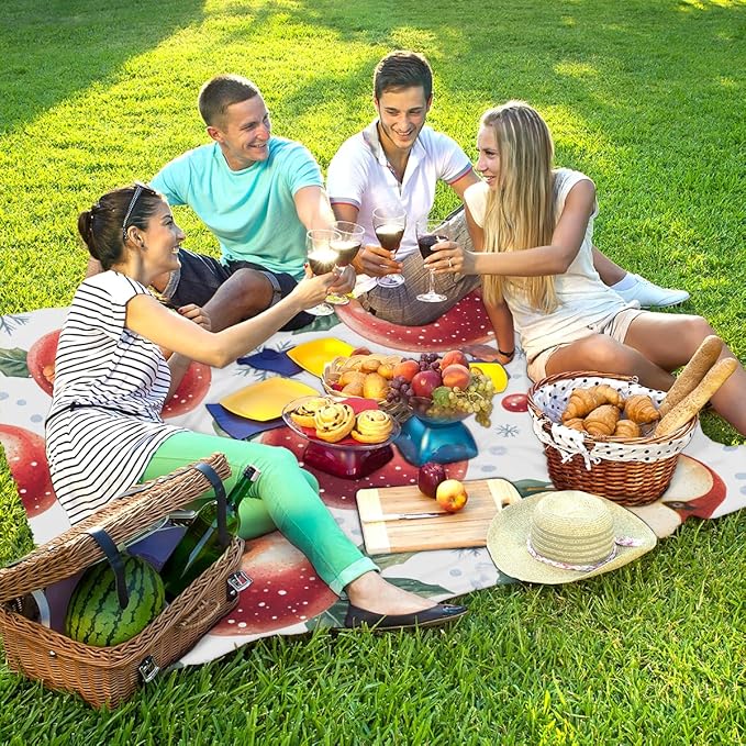 Waterproof Sandproof Beach Blanket 59''×68'' Holiday Apple Pattern Polyester Outdoor Picnic Blanket with 4 Stakes &amp Storage Bag for BeachCampingVacation