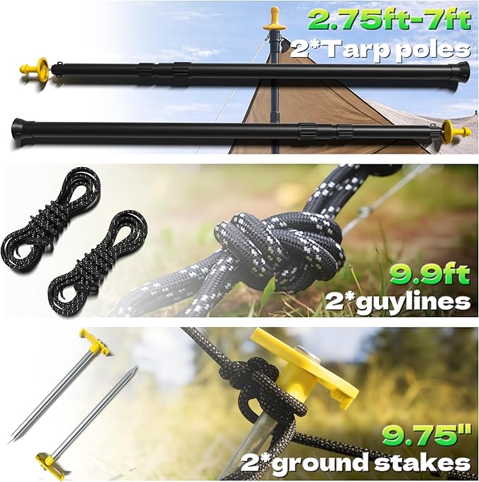KJE 2 Pack Adjustable Heavy-Duty Tarp Poles Camping Tent Poles Set with Ground Stakes &amp Guylines &amp Yellow Protection Caps Aluminum Telescoping Pole(2.9ft to 8.7ft) for Outdoor Tarp Use