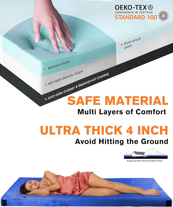 Extra Thick GAIALOOP 4 INCH Memory Foam Camping Mattress Roll Up Floor Sleeping Mat Camp Cot Mattress Pad Travel Camping Couch Bed for Guest Adults Side Sleepers