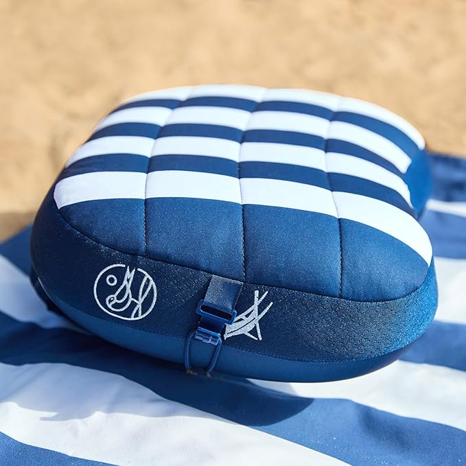 Ballast Beach Pillow – Comfy Durable &amp Compact Stays Put on Windy Beaches with Patented Sand Pouch Inflatable Pillow for Beaches Pools Camping Festivals and Travel (Blue Stripes)