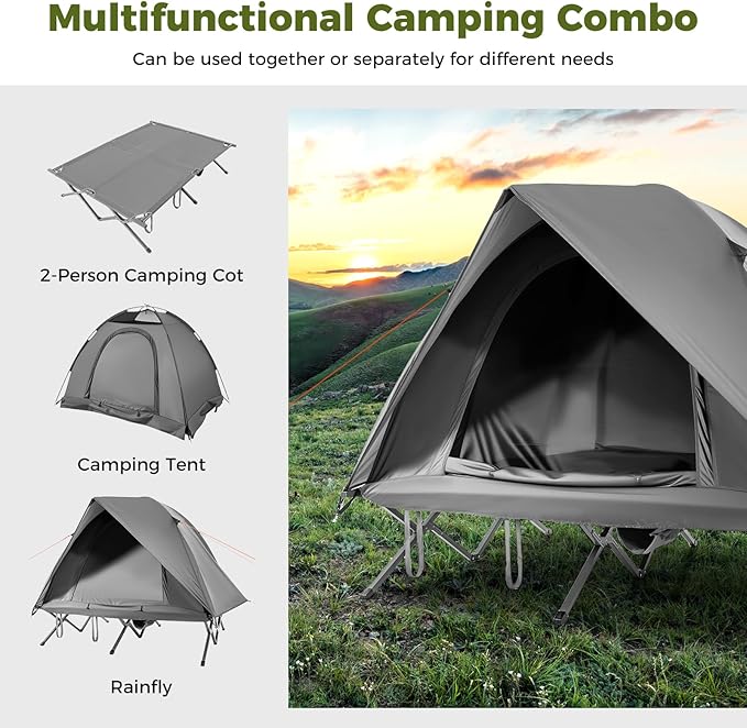 GYMAX 2-Person Tent Cot 3 in 1 Folding Off-Ground Cot Bed Combo with Portable Wheeled Bag Waterproof Rainfly 2 Mesh Doors &amp Skylight Roof for Hiking Backpacking Outdoor