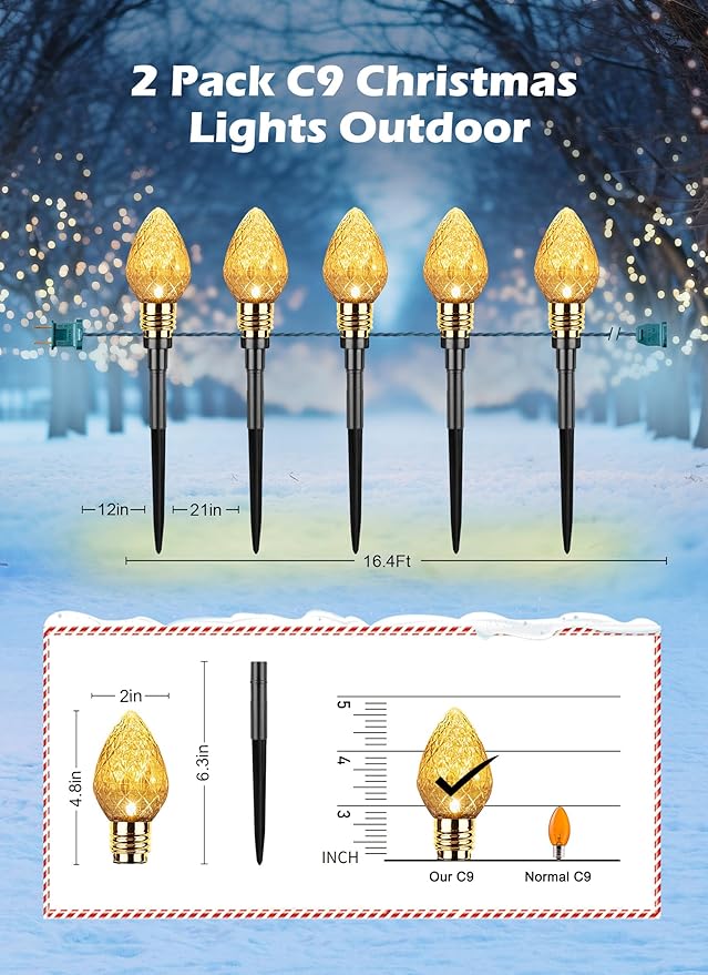 Brightown 2 Pack Strawberry C9 Christmas Pathway Lights Outdoor - Total 34.8 Feet 20 LED Christmas Walkway Lights Christmas Lights Outdoor Decorations for Yard Lawn Holiday Outside Warm White