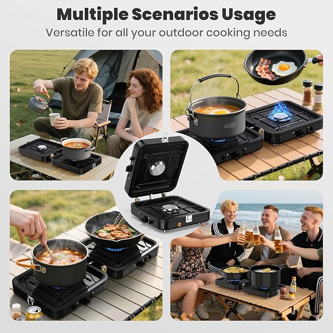 2 Burner Camping Propane Stove Portable Folding Propane Stove with Carrying Bag Adjustable High Heat Burners &amp Piezo Push-Button Instant Ignition Outdoor Tailgating Backyard BBQ Camping Essent