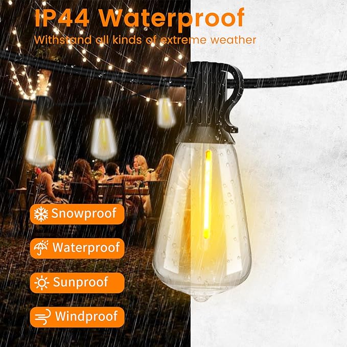 LED Outdoor String Lights 50ft ST38 Waterproof Patio Lights with 25 Vintage Shatterproof Bulbs(2 Spare) Dimmable Outside Hanging Edison String Lights for Backyard Porch Balcony Decor Warm White