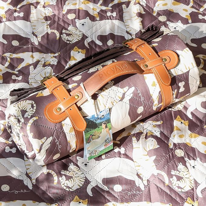 Double Thickened Picnic Blanket 80x80 Inches White Fish Pattern Cotton Filled Portable Foldable with Leather Carry Strap Beach and Camping