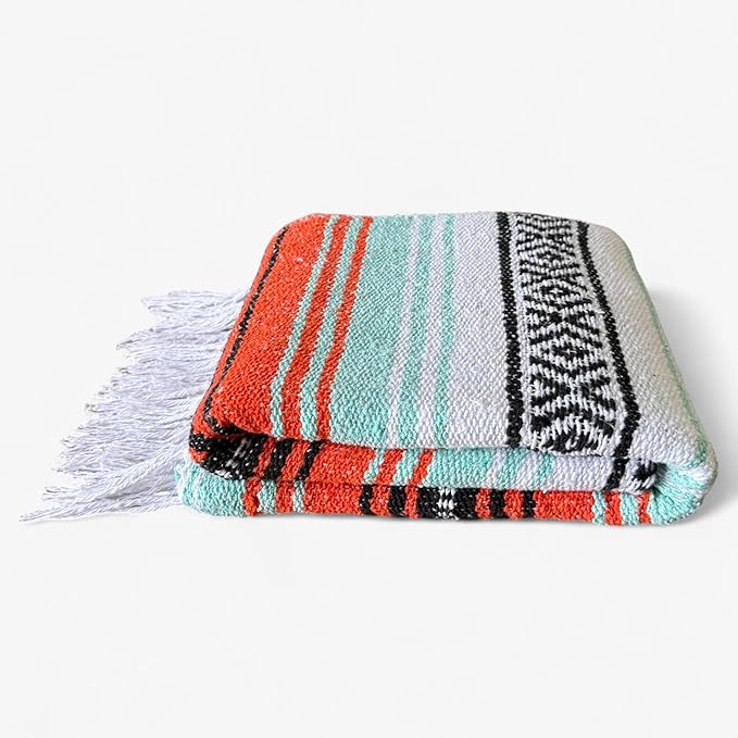 Authentic Handwoven Mexican Blanket Falsa Serape - Soft &amp Durable - Vibrant Beach Picnic Yoga &amp Camping Mat - Traditional Boho Throw - Outdoor Blanket 70x50 (Sunset)