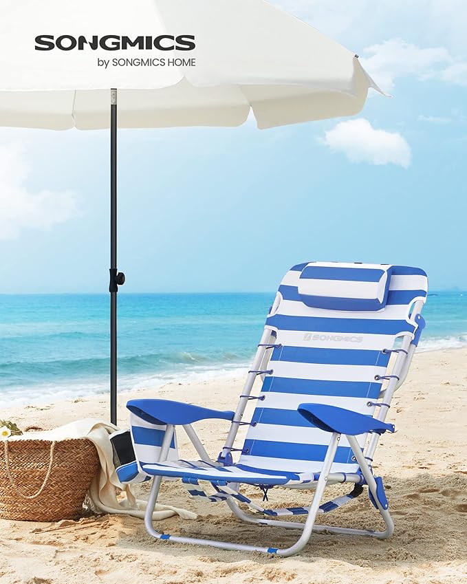 SONGMICS Portable Backpack Beach Chair 331 lb Capacity 4 Angles Adjustable Backrest 2 Side Pockets Towel Bar Blue and White UGCB62BU