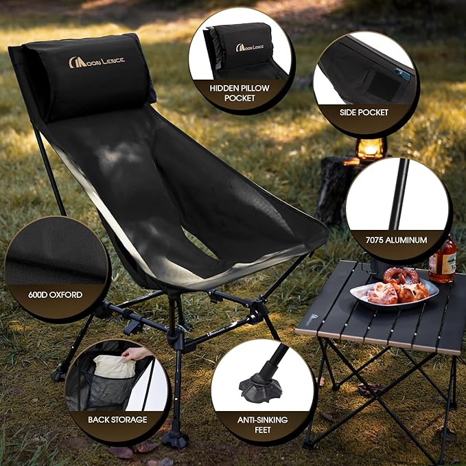 MOON LENCE Oversized High Back Camping Chair with Pillow for Adults Height Adjustable Folding Chair with 400 lbs Capacity Hidden Pillow Pocket &amp Wide Seat for Camping Fishing Base Camp Black