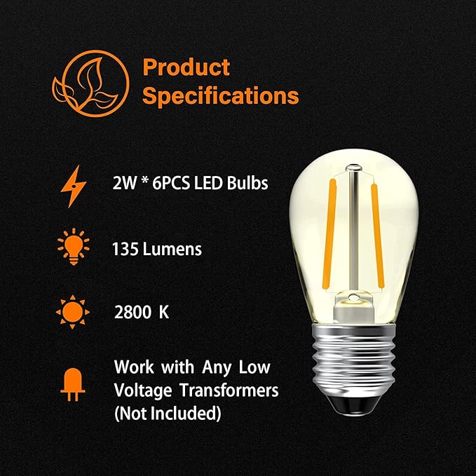 GOODSMANN Low Voltage Outdoor String Lights 6PK LED Replacement Hanging Light Bulbs 12V AC 2W Weatherproof Vintage Bulbs for Decorative Patio Festival Gecoration - Warm White